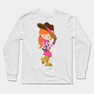 Cowgirl, Sheriff, Western, Country, Orange Hair Long Sleeve T-Shirt